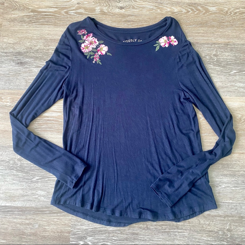 Seriously Soft Perfect Crew Navy Blue and Pink Floral Embroidered Blouse